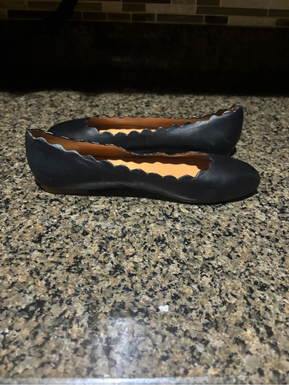 J. Crew Black Scalloped-Trim Leather Ballet Flats